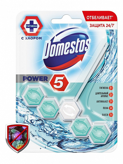 
                                Блок для очищения унитаза Domestos Power 5 Кристальная чистота с хлором 55 г